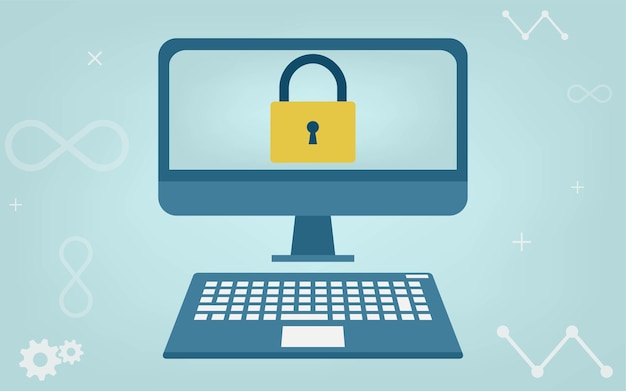 Vector image illustration of a computer protected by security