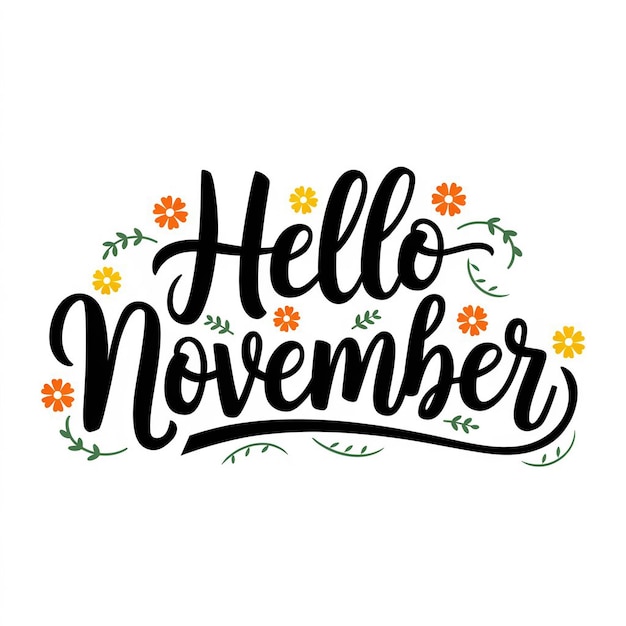 image is a digital illustration featuring the phrase hello november in a bold cursive font
