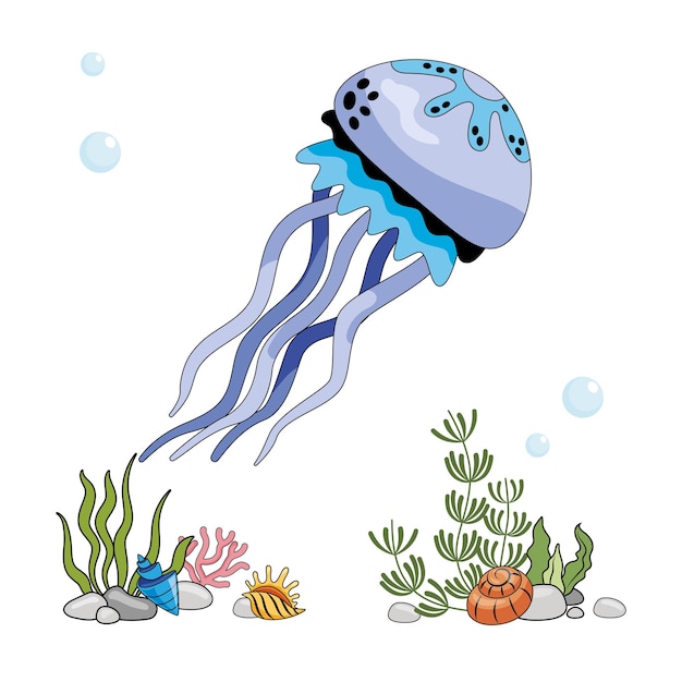 Vector image of jellyfish insulated blue jellyfish on a white background seabed