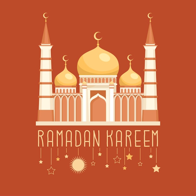 ミナレットのあるモスクと星の中の碑文の画像 ラマダーンを祝うための装飾的な構成 イスラム教徒の聖休日 宗教的なイベント ベクトルイラスト