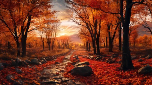 An image of a path in an autumn forest