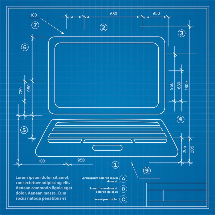 Vector image of a personal computer on a blueprint drawing background