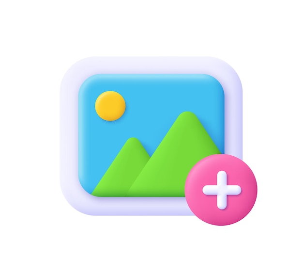 Image photo jpg file mountains and sun landscape picture in a frame with add button 3d vector icon cartoon minimal style