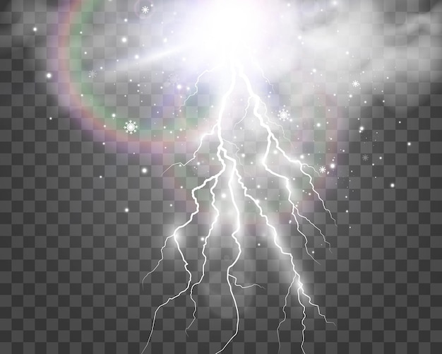 Image of realistic lightning flash of thunder on transparent