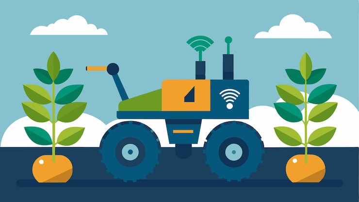 Vector an image of a robotic device attached to a tractor using advanced technology to target and eliminate