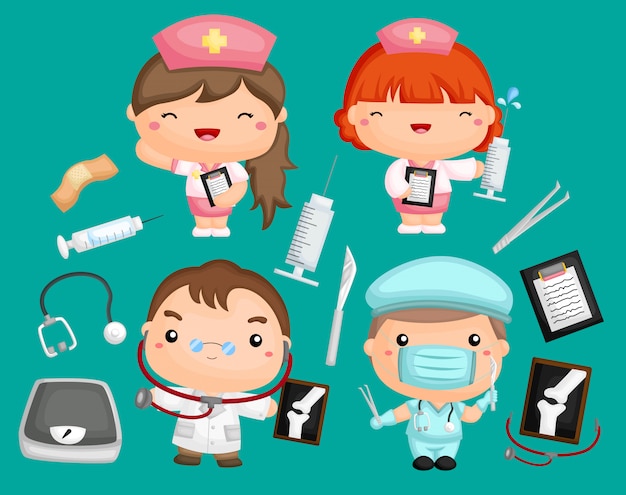 Vector an image set of doctors and nurses with medical equipment