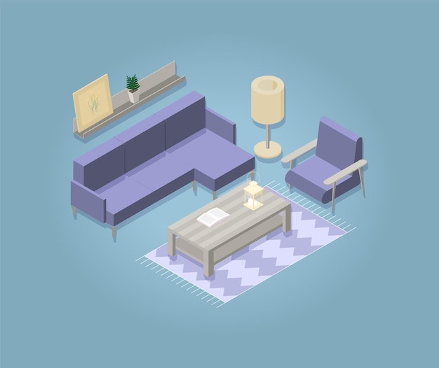 Image (set) of a living room in isometry. Each item in a separate group