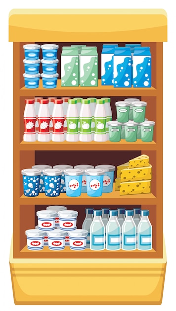 Vector image shelves with dairy products at the supermarket