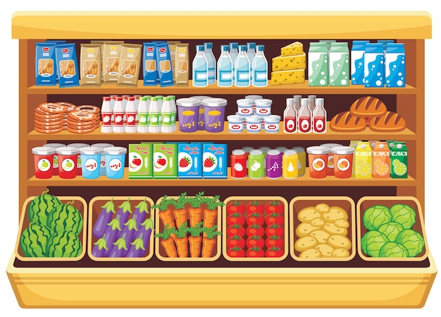 Image of shelves with different products in the supermarket