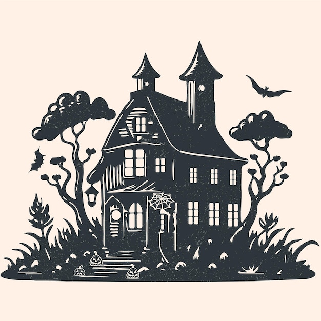 Vector an image of a witch's house surrounded by creepy trees pumpkins and bats vector in grunge texture