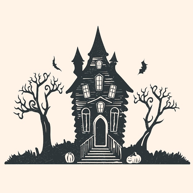 An image of a witch's house surrounded by creepy trees pumpkins and bats Vector in grunge texture