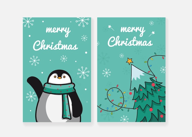 Image with Christmas cards Postcard with a penguin Postcard with a Christmas tree and a garland Vector illustration