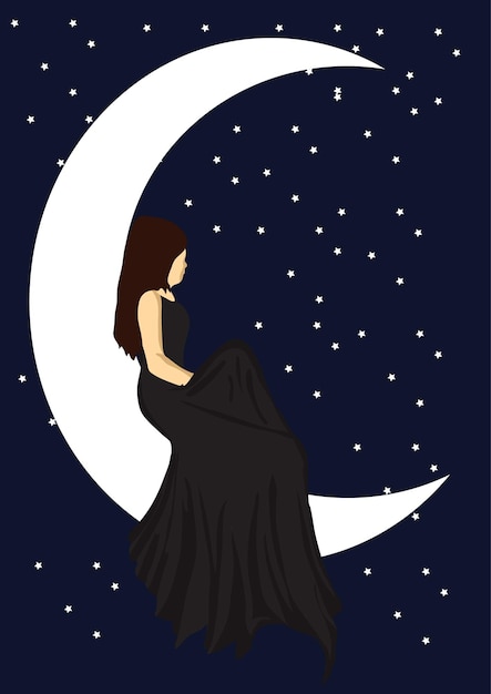 Vector imagenary pictutre of girl sitting on moon and watching the stars