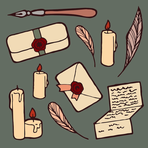 Vector images of writing objects paper quills envelopes candles