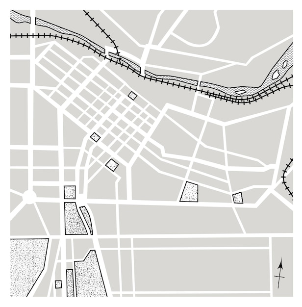 ベクトル 川の公園と線路のある想像上の地図黒と白のベクトル図