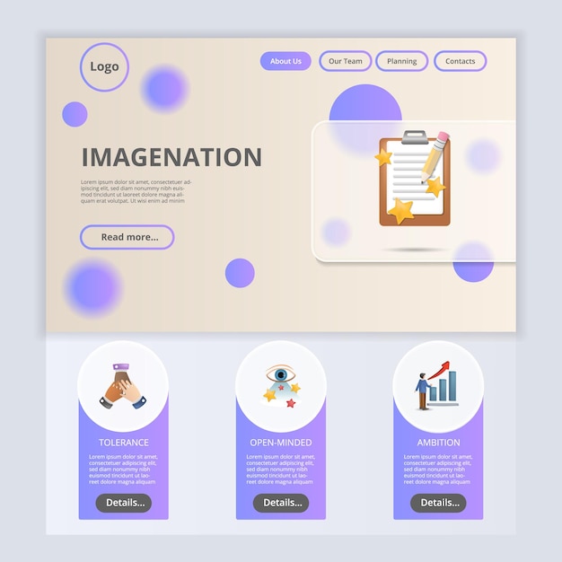 헤더가 있는 상상력 플랫 방문 페이지 웹 사이트 템플릿 허용 오차 열린 야망 웹 배너
