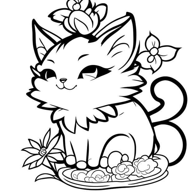 Vector imagineprompt colouring book catblack an white cute flower vector illustration line art