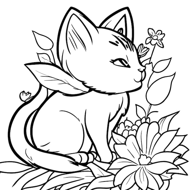 imagineprompt colouring book catblack an white cute flower vector illustration line art