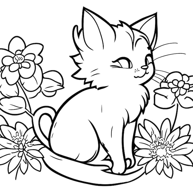 Imagineprompt colouring book catblack an white cute flower vector illustration line art