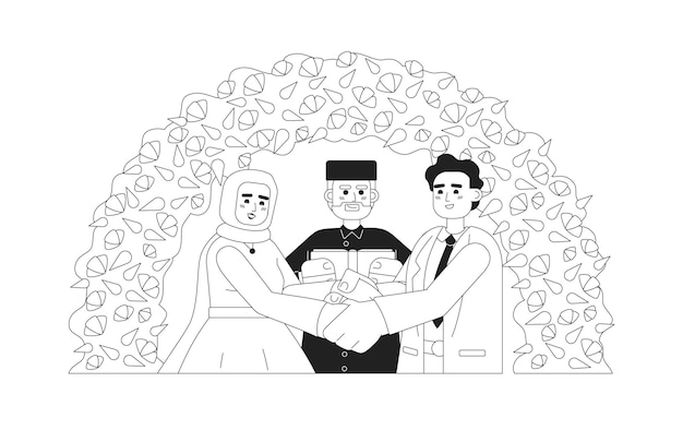 Imam officiating muslim bride groom wedding monochromatic flat vector characters