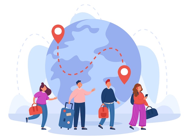 Immigrants standing in queue to check in for flight. Male and female tourists in background of globe with points of departure and arrival flat vector illustration. Immigration, travel concept