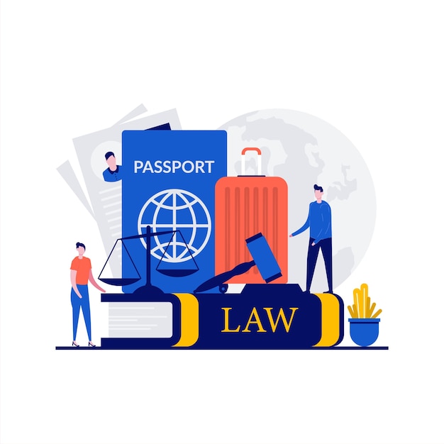 Vector immigration law concept with character. law book with passport, visa, suitcases, scales of justice, judge gavel. modern flat style for landing page, mobile app, web banner, infographics, hero images.