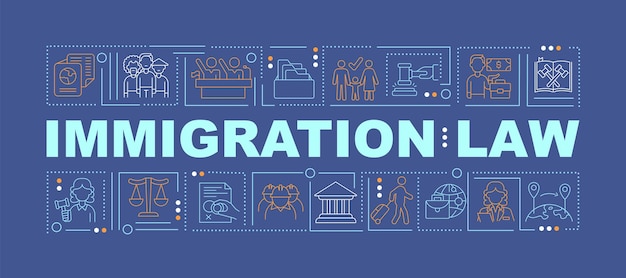 Insegna di concetti di parola blu scuro di legge di immigrazione diritti umani. infografica con icone lineari su sfondo turchese. tipografia creativa isolata. illustrazione a colori del contorno vettoriale con testo