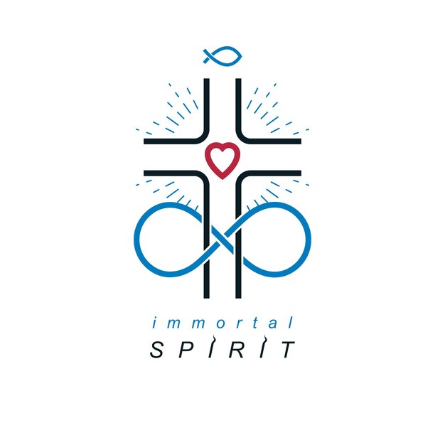 Immortal God conceptueel logo-ontwerp gecombineerd met infinity loop-teken en Christian Cross, vector creatief symbool.