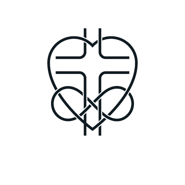 Vector immortal love of god conceptual symbol combined with infinity loop sign and christian cross with heart, vector creative logo.