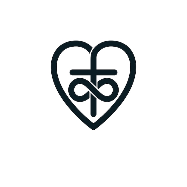 무한 루프 기호와 심장이 있는 기독교 십자가, 벡터 창의적인 로고와 결합된 신의 불멸의 사랑 개념적 상징.