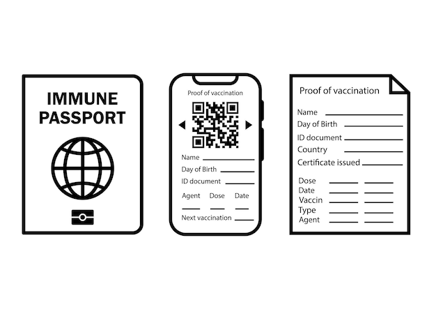 Immune passport. Digital and paper document for safe traveling or shoping. Checking immunization against diseases and the concept of introducing a vaccination passport or immunity. Vector