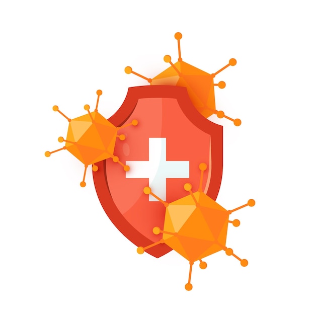 Vector immune shield icon with a red medical shield and viruses in cartoon style.