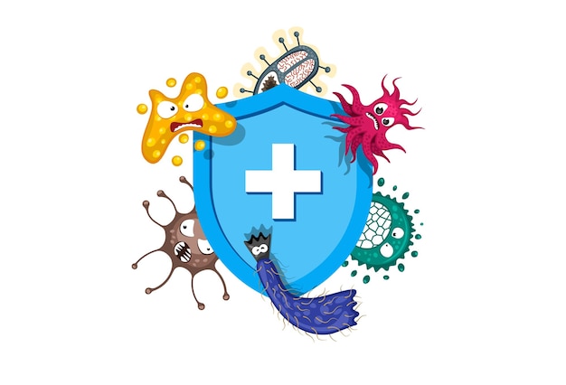 Vettore concetto di sistema immunitario scudo blu medico igienico che protegge da germi virali e batteri piatti