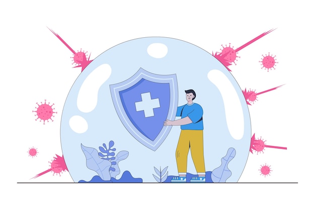 Вектор Иллюстрация концепции иммунной системы со щитом медицинский щит, окруженный вирусами и бактериями со здоровым человеком, отражает атаку бактерий повышение иммунитета с помощью медицины современный вектор плоского стиля