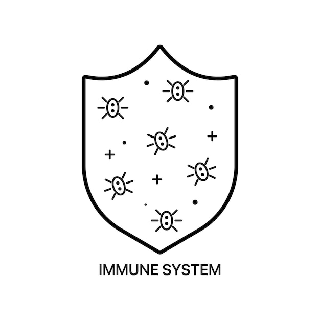면역 시스템 보호 벡터 일러스트 레이 션 방패 미생물 바이러스 질병 치료 처방 비타민 건강 관리 개념 비즈니스 및 광고에 대 한 벡터 라인 아이콘을 일으키는