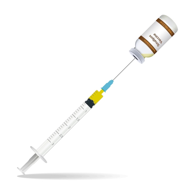 Immunisatie pokken vaccin spuit bevat een injectie en injectie fles geïsoleerd op een witte achtergrond vector illustratie