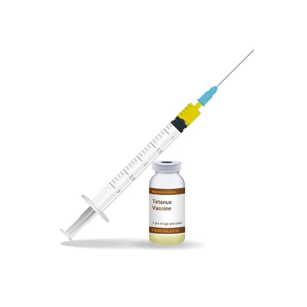 흰색 배경 벡터 일러스트 레이 션에 고립 된 의학의 노란색 백신 약병으로 예방 접종 파상풍 백신 주사기