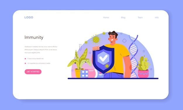 免疫学者のウェブバナーまたはランディングページ。医療用防護服を着た医師がウイルスを脅かしています。免疫療法とワクチン接種。流行予防。フラットベクトルイラスト