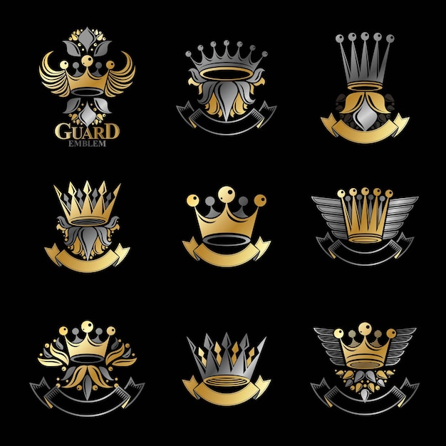 Imperial Crowns emblems set. Heraldic Coat of Arms, vintage vector logos collection.