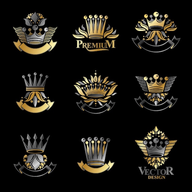 Imperial Crowns emblems set. Heraldic Coat of Arms, vintage vector logos collection.