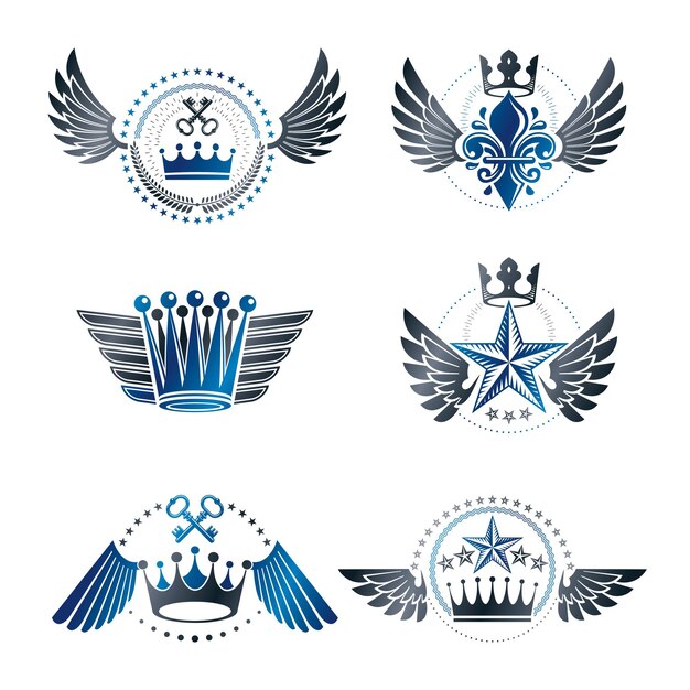 Imperial Crowns and Vintage Stars emblems set. Heraldic Coat of Arms, vintage vector logos collection.