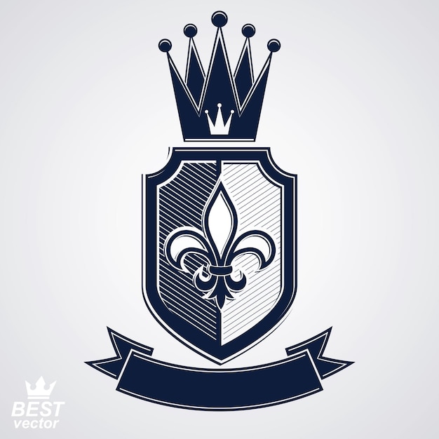 Imperial insignia, vector royal shield with decorative band and monarch coronet. Detailed eps8 coat of arms, king guard symbol - web design element.