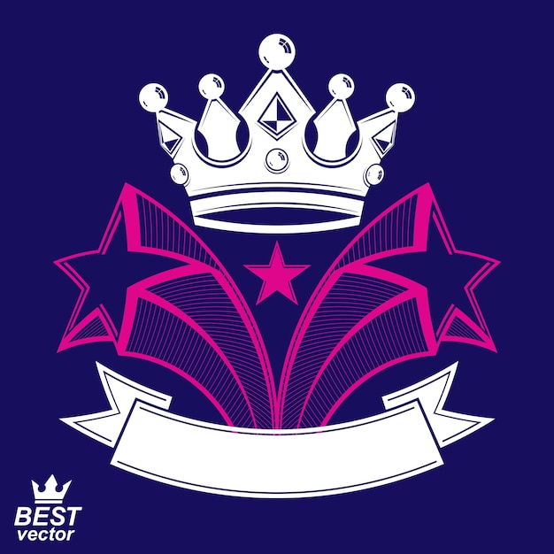 Vector imperial stylized vector symbol, monarch element. 3d crown with flying stars and curvy ribbon. clear eps8 coat of arms.