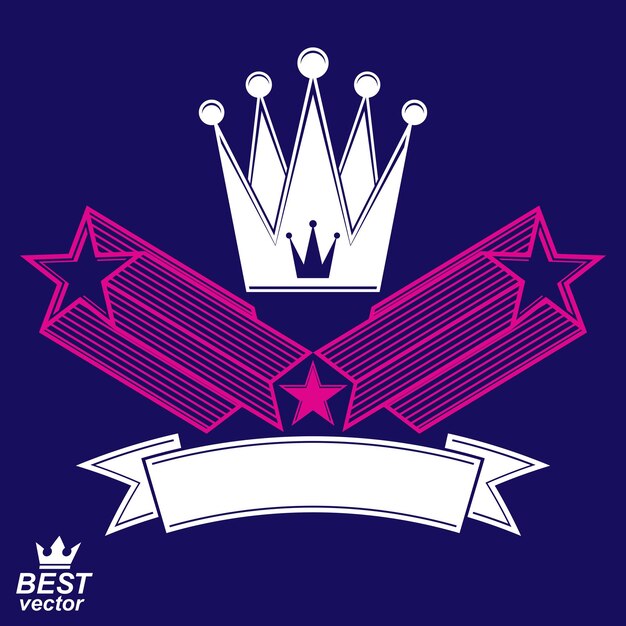 Imperial stylized vector symbol, monarch element. 3d crown with flying stars and curvy ribbon. Clear eps8 coat of arms.