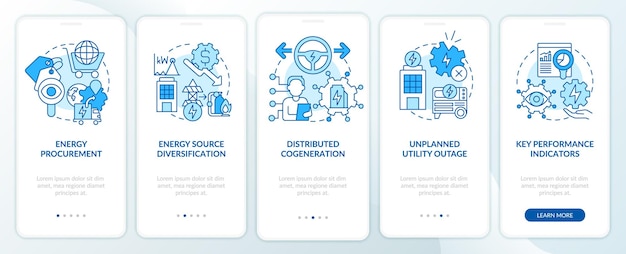 Implementatie van het blauwe onboarding mobiele app-scherm van het energieplan