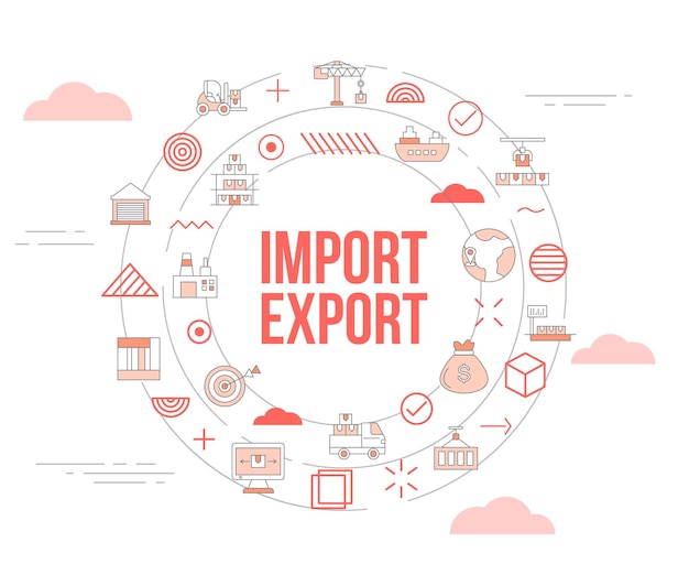Концепция импорта и экспорта с баннером шаблона набора значков и круглой формой круга