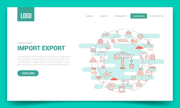 Концепция импорта и экспорта со значком круга для шаблона веб-сайта или главной страницы целевой страницы