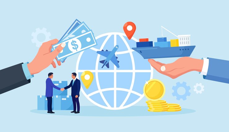 वेक्टर import and export shipping of shipment with sea or air transport international logistics cargo delivery global trade ocean freight businessman sale goods and services worldwide world partnership