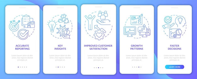 비즈니스 도구 블루 그라디언트 온보딩 모바일 앱 화면의 중요성 선형 개념이 포함된 5단계 그래픽 지침 페이지 UI UX GUI 템플릿 사용된 Myriad ProBold 일반 글꼴