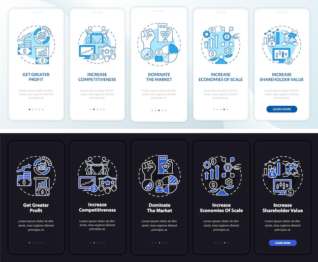 Vector importance of expansion dark, light onboarding mobile app page screen. walkthrough 5 steps graphic instructions with concepts. ui, ux, gui vector template with linear night and day mode illustrations